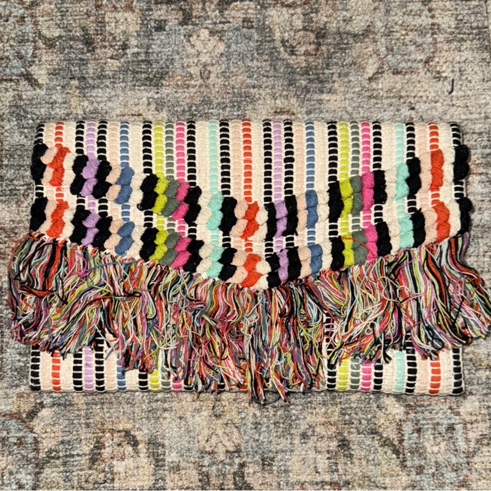 Stella & Dot Multi-Colored Striped Envelope Clutch with Fringed Edge